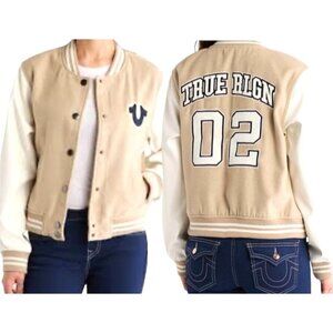 True Religion Womens True Varsity Jacket Beige & White Size XL